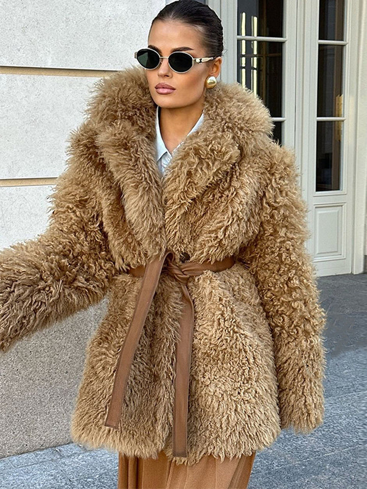 Women’s short coat made of voluminous bouclé faux fur with wrap and waist belt Amarae