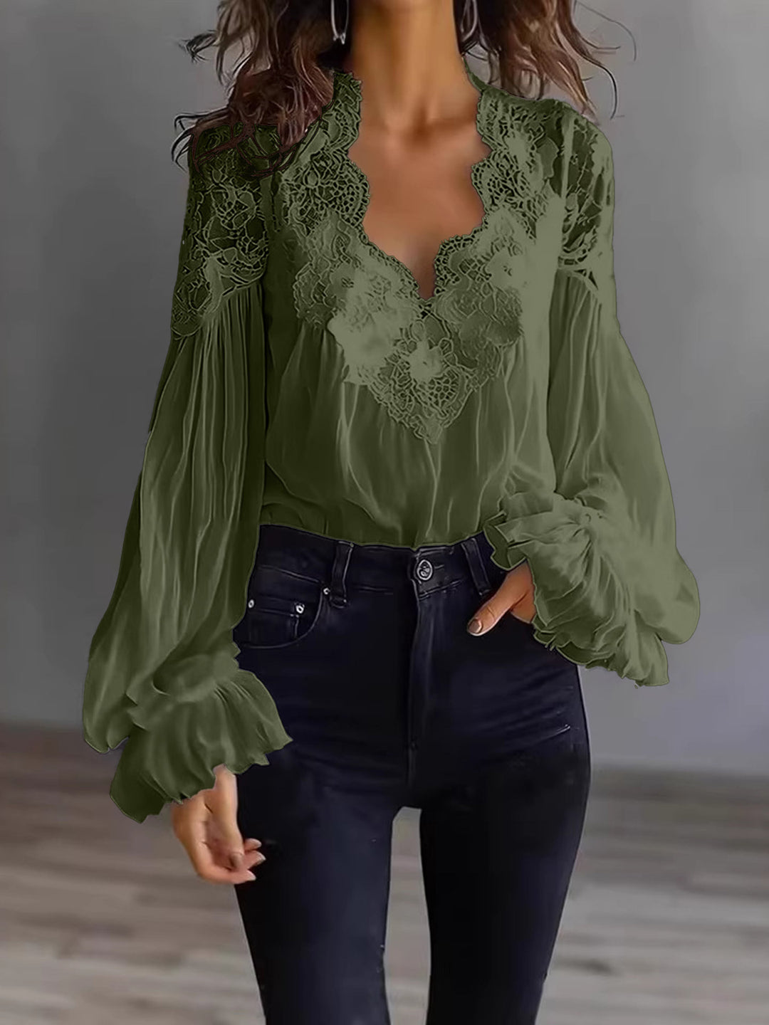 Women's Flowing Blouse with Lace Applications and Long Ruffle Sleeves Lune London