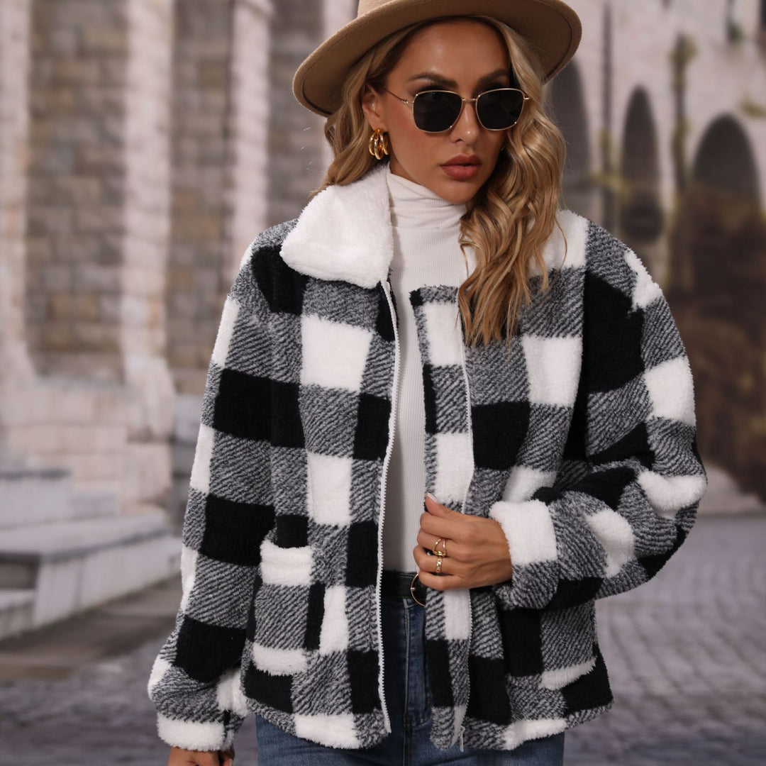 Ladies Cozy Plaid Jacket with Asymmetric Zipper Lune London