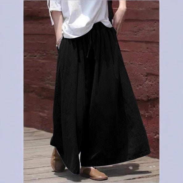 Women's Long Denim Maxi Skirt with Drawstring Waist, Wide A-Line Cut and Side Pockets Amarae