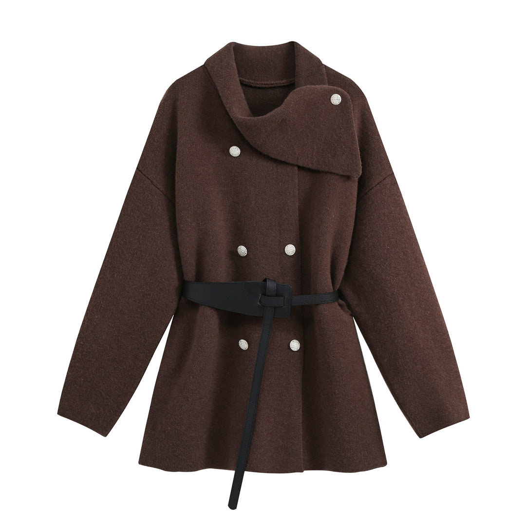 Women's Short Blouson Coat in Cocoon Cut with Asymmetrical Shawl Collar and Waist Belt Amarae