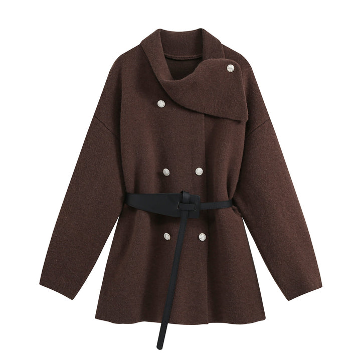 Women's Short Blouson Coat in Cocoon Cut with Asymmetrical Shawl Collar and Waist Belt Amarae