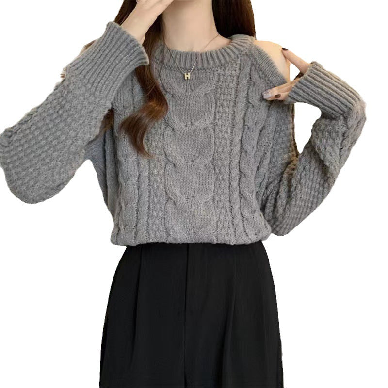 Pull en tricot épais pour femmes avec design d'épaule asymétrique et motif en cable Chic & Stil