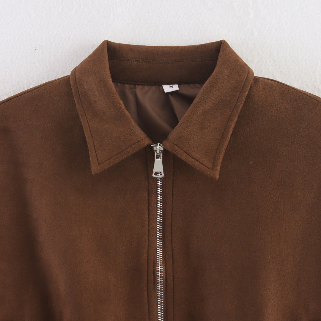 Trendy cropped women's jacket in soft suede-like faux leather with practical zippered pockets Lune London