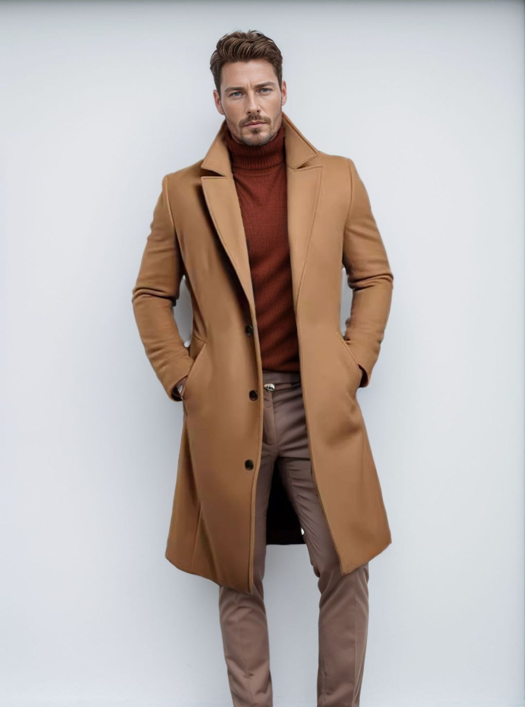 Elegant long coat for men with a textured premium material and practical pockets Amarae