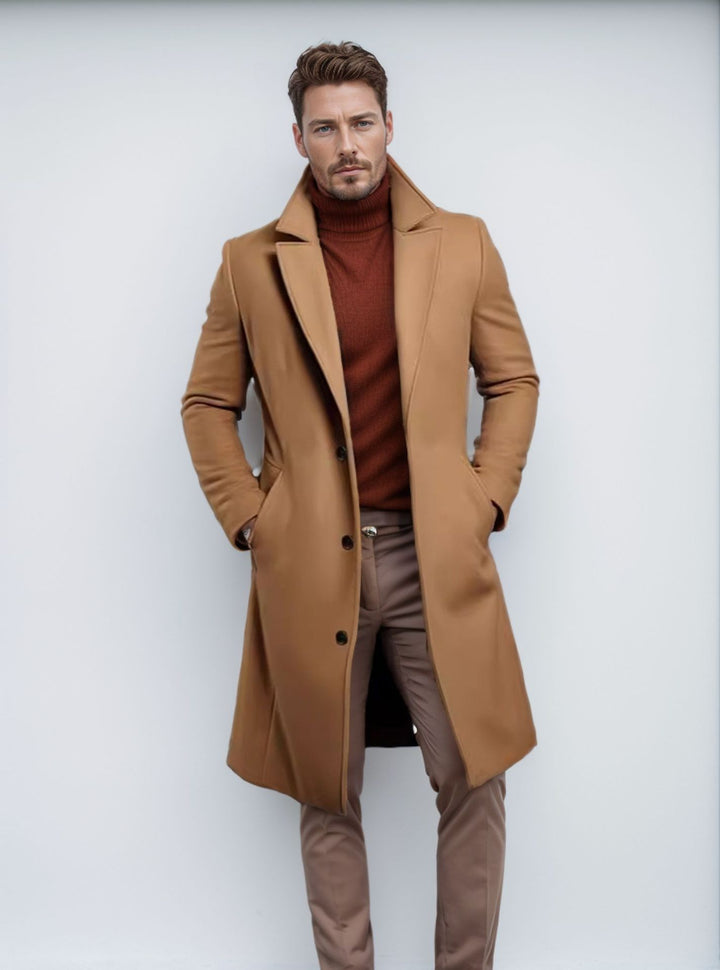 Elegant long coat for men with a textured premium material and practical pockets Amarae