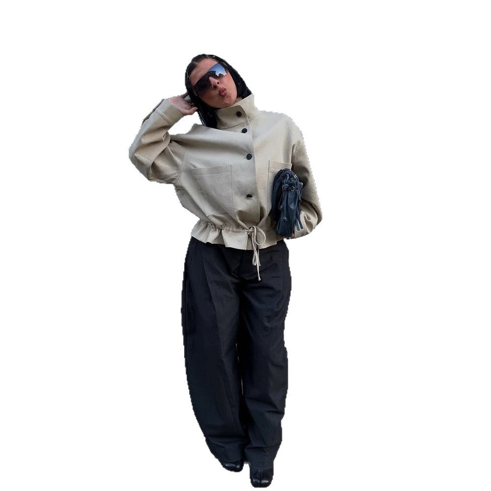 Women's Short-Cut Oversized Canvas Blouson with Stand-Up Collar Amarae