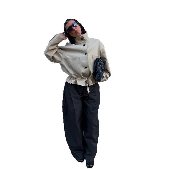 Women's Short-Cut Oversized Canvas Blouson with Stand-Up Collar Amarae
