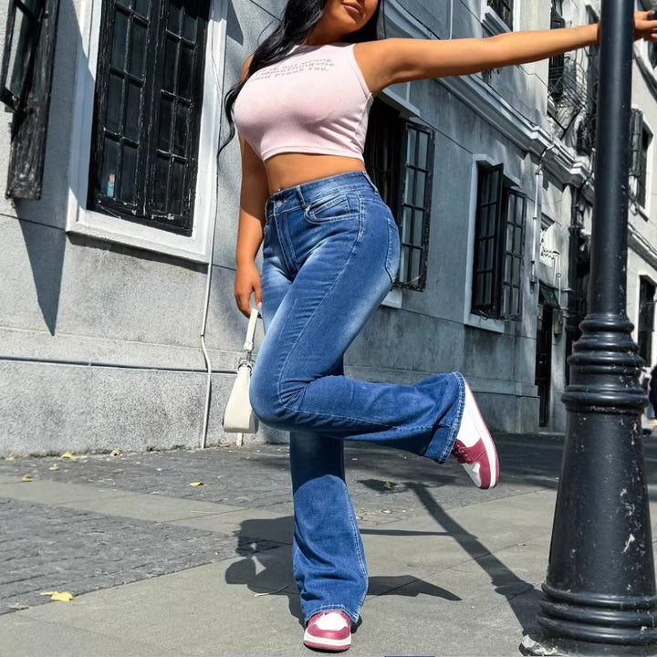 Women's high-waisted flared jeans in retro cut with elastic waistband panel and sculpting fit Amarae