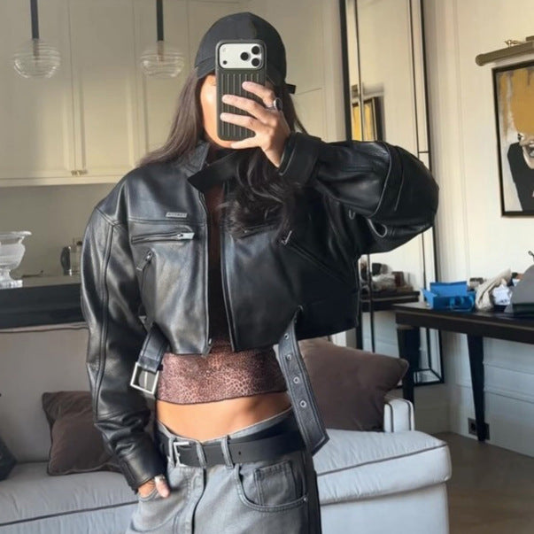 Women Cropped Boxy Biker Jacket made of vegan leather with high standing collar, zippered pockets & buckle detail Amarae