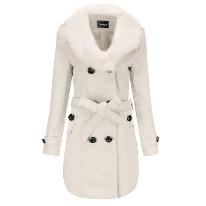 Trendy women's coat with removable faux fur collar and elegant waist Lune London