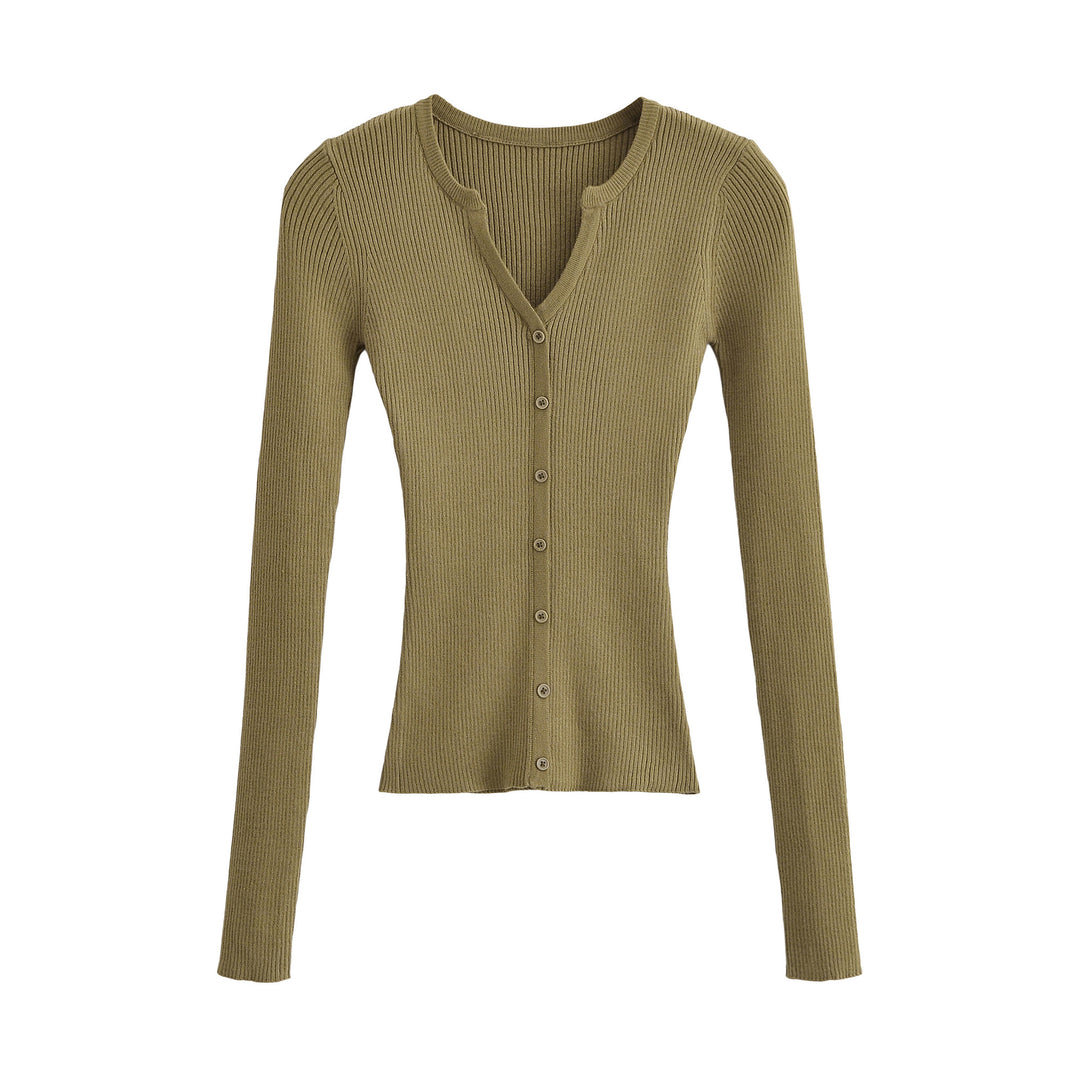 Women's Ribbed Fine Knit Cardigan with Deep V-Neck and Button Placket Amarae