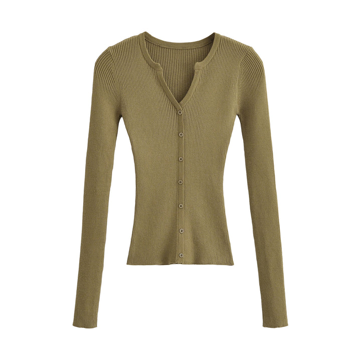 Women's Ribbed Fine Knit Cardigan with Deep V-Neck and Button Placket Amarae