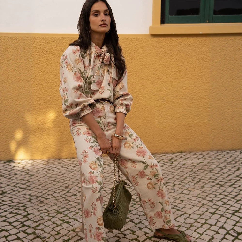 Women's Two-Piece Floral Print Co-Ord Set with Oversized Blouson and High-Waist Pants Amarae