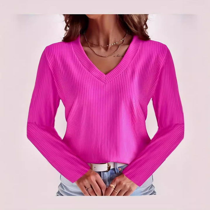 Women Long Sleeve V-Neck Top with Ribbed Structure Lune London