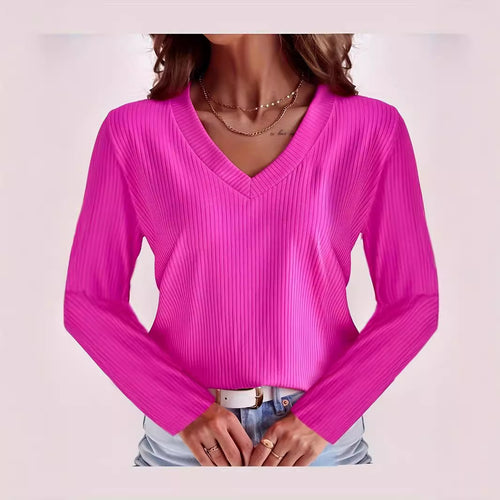 Women Long Sleeve V-Neck Top with Ribbed Structure Amarae