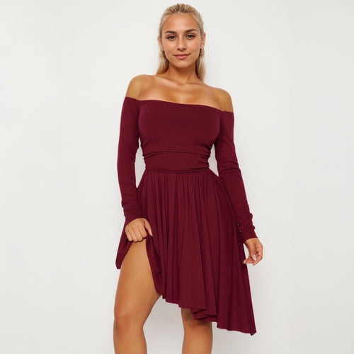 Robe midi femme dénudée des épaules avec ourlet asymétrique et manches longues Chic & Stil