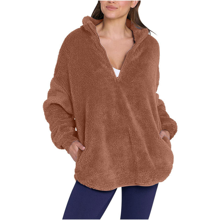 Women Fluffy Oversized Sherpa Pullover with Half Zip and Kangaroo Pockets Amarae