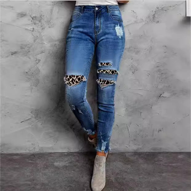 Women Stretch Skinny Jeans with High Waist, Knee Ripped Details and Leo Underlay Amarae