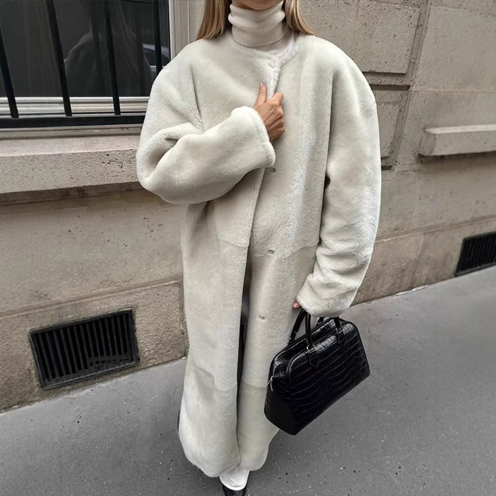 Women's Cozy Longline Teddy Coat with Clean-Cut Silhouette and Hidden Snap Placket Amarae