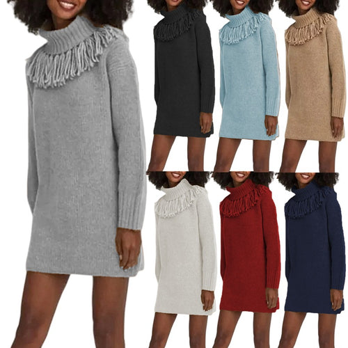 Knit dress for women with fringed collar and ribbed sleeves Amarae