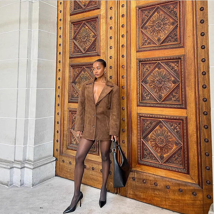 Women Short Suede Blazer Coat with Boxy Oversized Silhouette and Lapel Collar Amarae