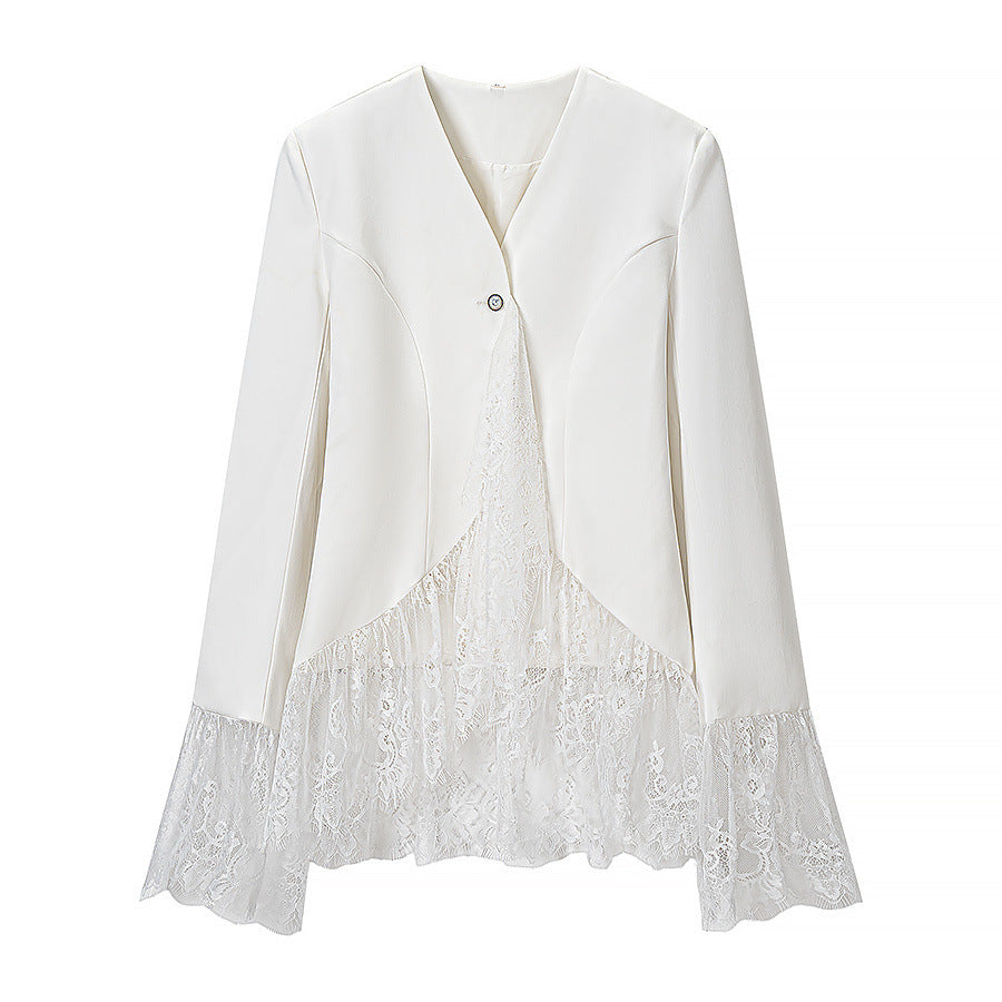 Women's tailored blazer jacket with delicate lace trim and flared sleeves Amarae