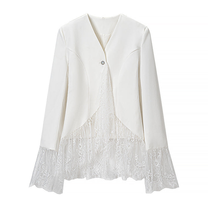 Women's tailored blazer jacket with delicate lace trim and flared sleeves Amarae