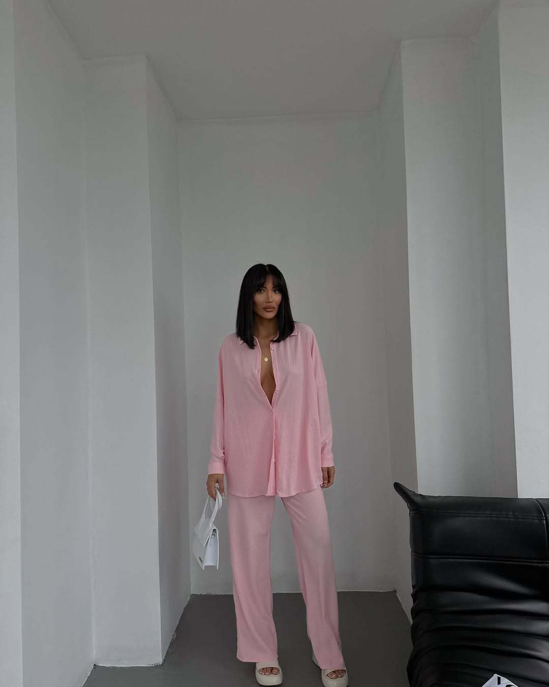 Lune London two-piece casual outfit for women with continuous button placket and wide legs