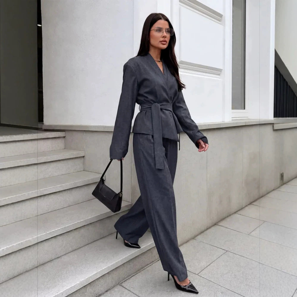 Women's Elegant Wrap Blazer Set with Waist Belt and Wide Pleated Trousers Amarae