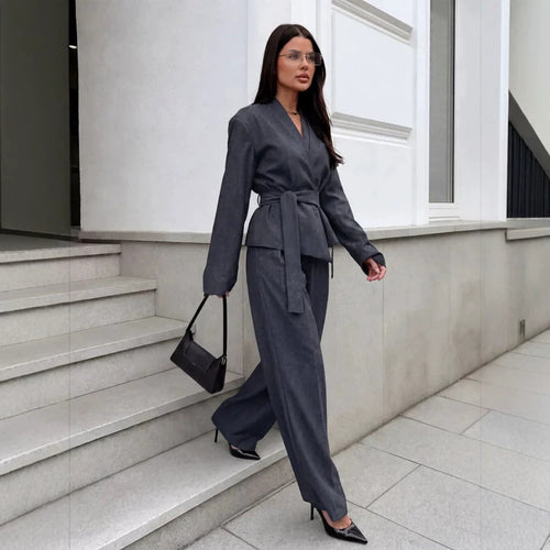 Women's Elegant Wrap Blazer Set with Waist Belt and Wide Pleated Trousers Amarae
