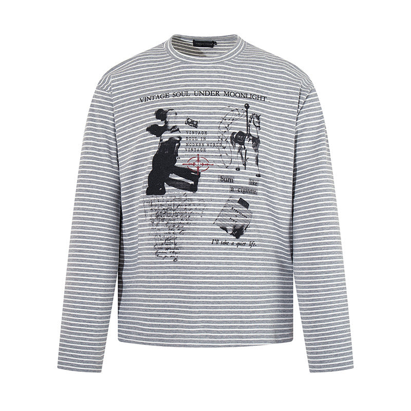 Men's Striped Long Sleeve in Relaxed Fit with Vintage Graphic Print Amarae