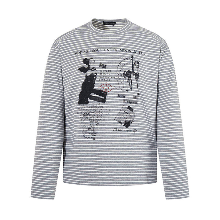 Men's Striped Long Sleeve in Relaxed Fit with Vintage Graphic Print Amarae