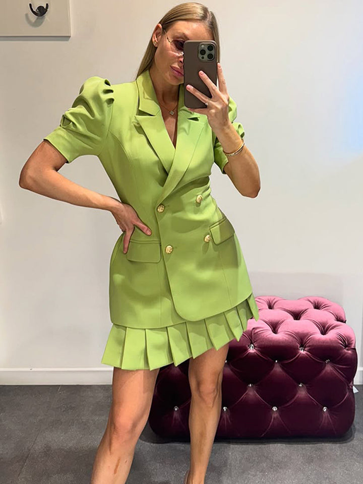 Women Double-Breasted Blazer Dress with Puff Sleeves and Pleated Hem Amarae