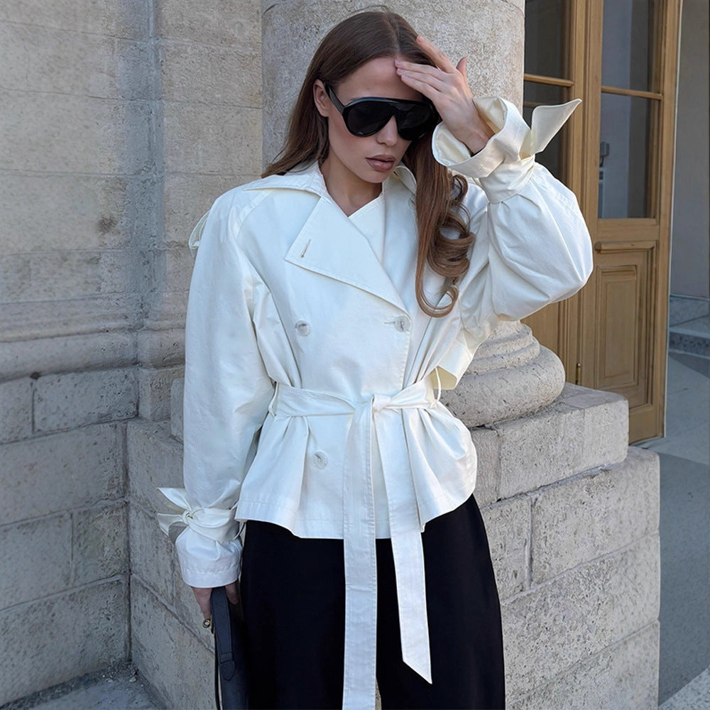 Women’s cropped double-breasted trench coat with waist belt, voluminous sleeves, and knot cuffs Amarae