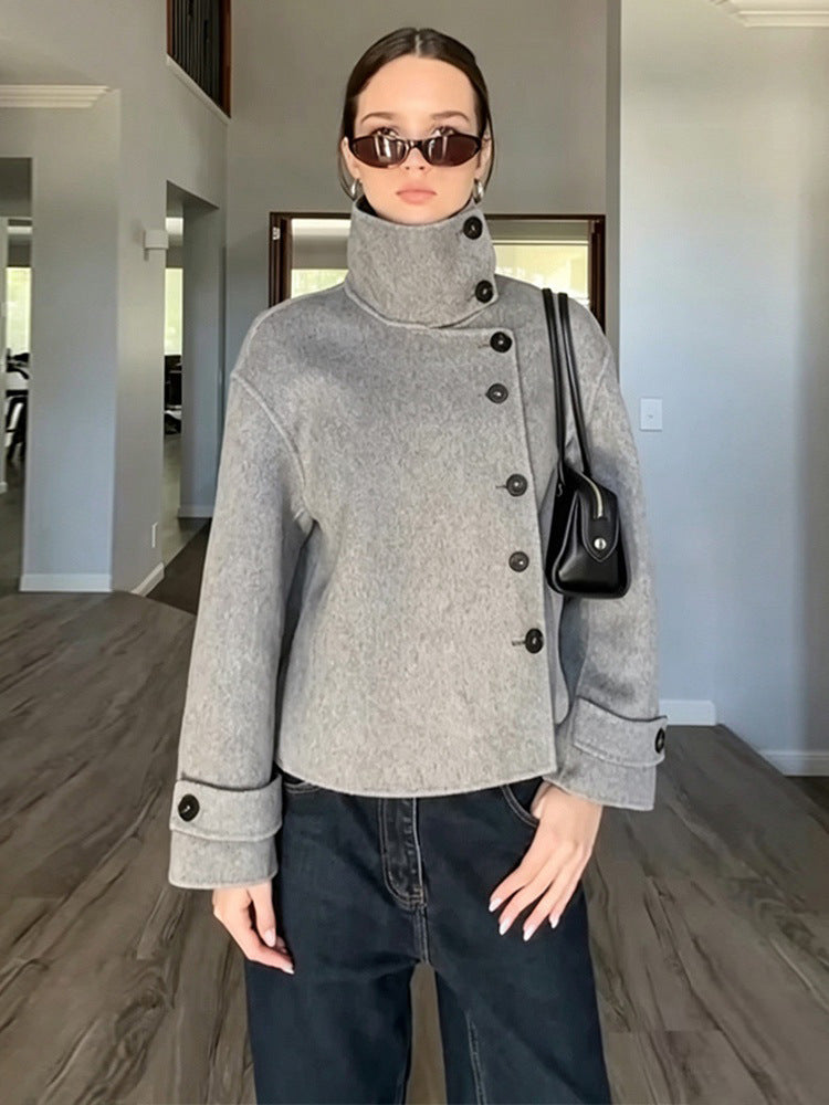 Women's Short Wool Blend Coat with Asymmetrical Button Placket and High Standing Collar Amarae