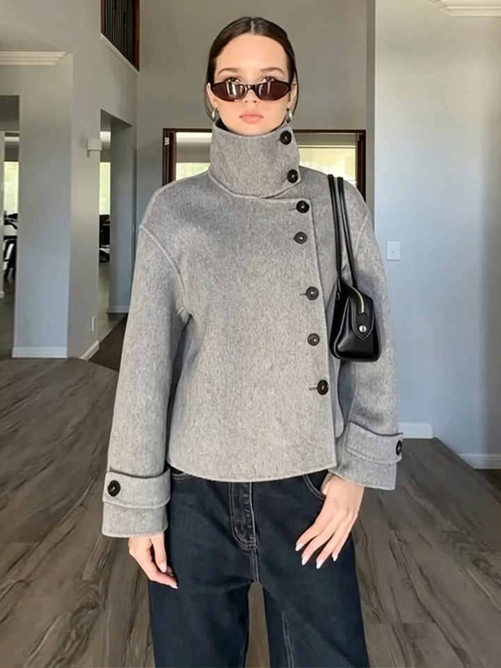 Women's Short Wool Blend Coat with Asymmetrical Button Placket and High Standing Collar Amarae