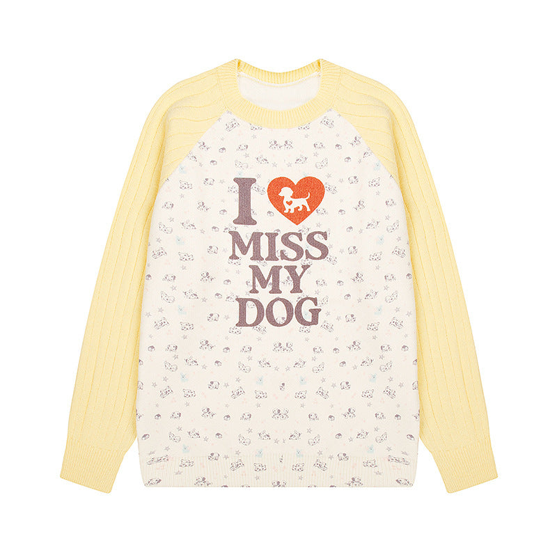 Women's knit sweater with raglan sleeves, allover dog motif and statement print Amarae