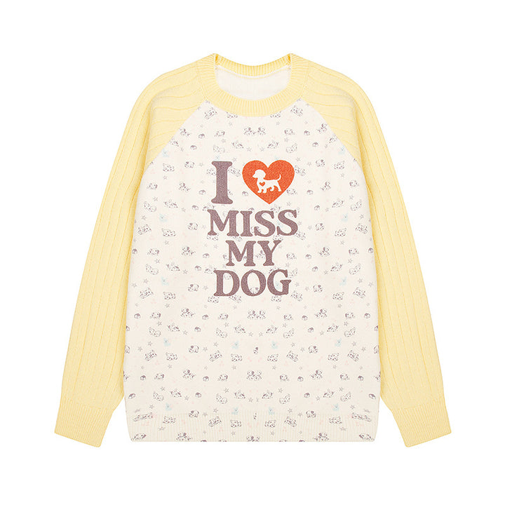 Women's knit sweater with raglan sleeves, allover dog motif and statement print Amarae