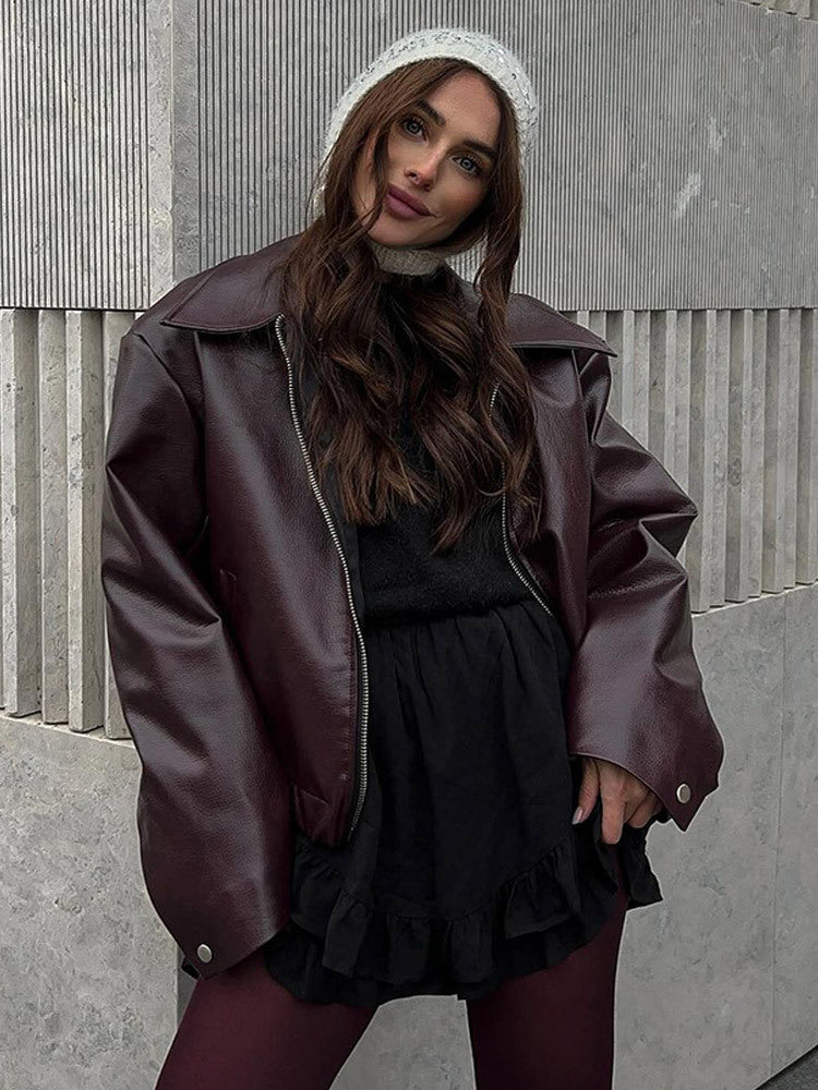 Women Short Oversized Faux Leather Flight Jacket with Distinctive Lapel and Snap Button Cuffs Amarae