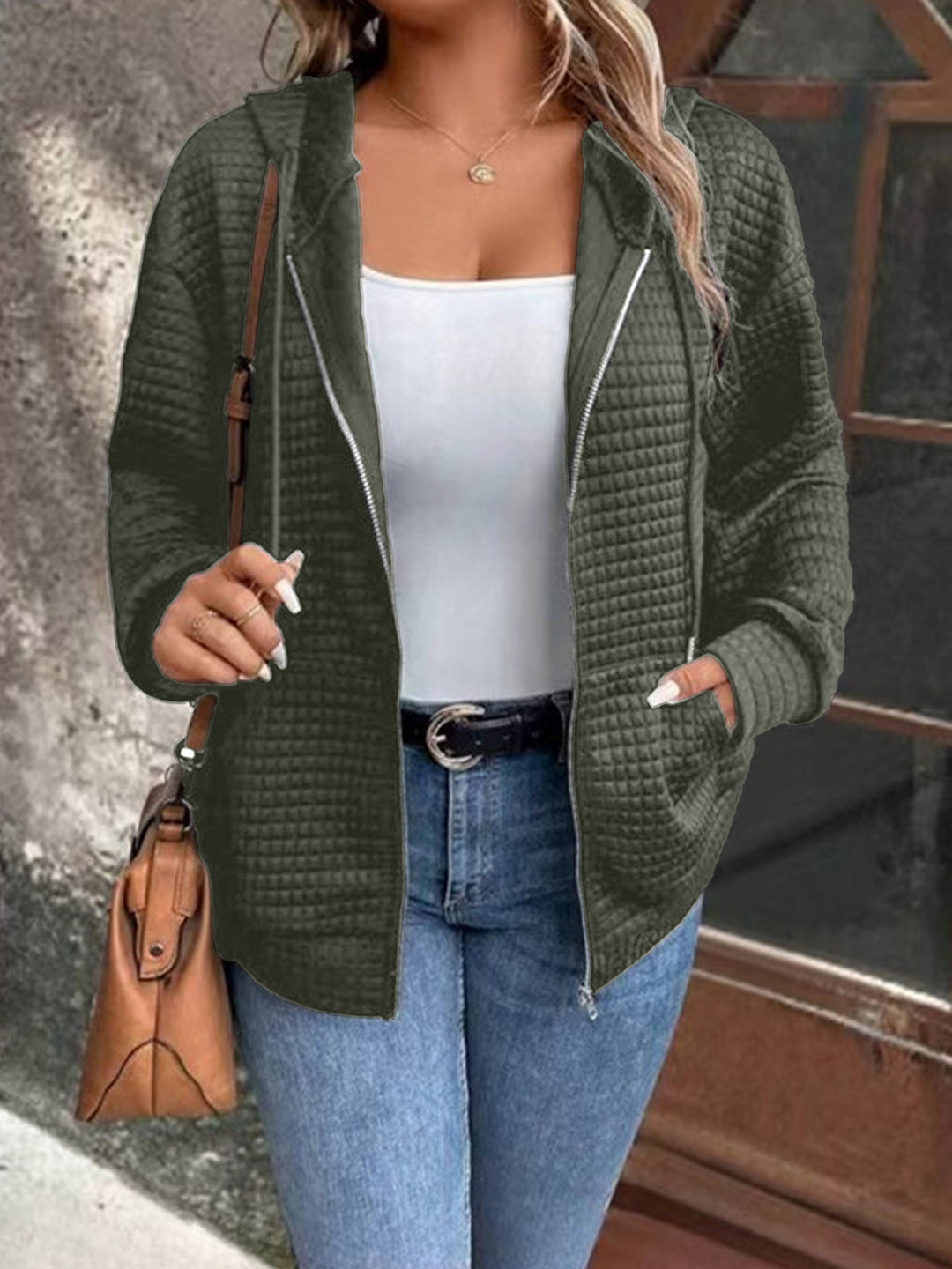 Hooded jacket for women with textured embossed pattern and practical zipper Lune London