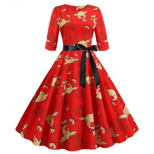 Robe évasée pour femmes avec un motif de renne joyeux et une silhouette ajustée Chic & Stil