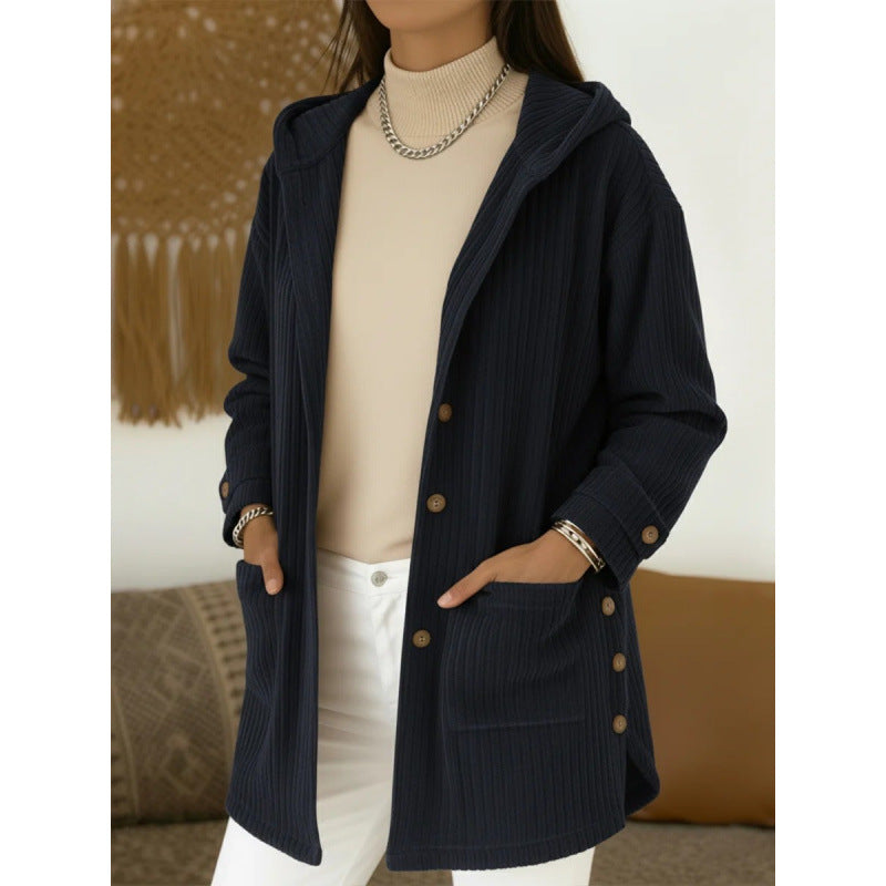 Women's Long Hooded Knitted Cardigan with Ribbed Texture, Button Placket and Side Pockets Amarae