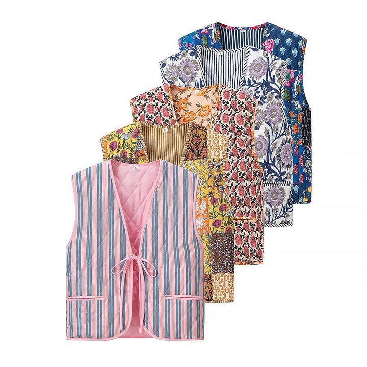 Women's Padded Quilted Vest with Floral Allover Print, Tie Belt and Decorative Piping Amarae