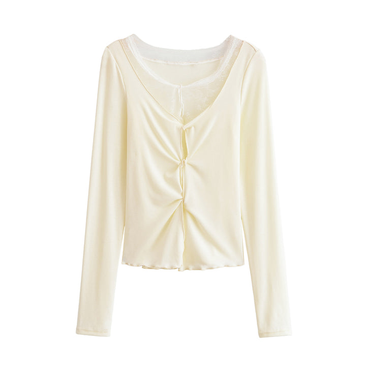 Women's Long Sleeve Fine Jersey Top with Lace Insert, Knot Front and Gathered Detail
