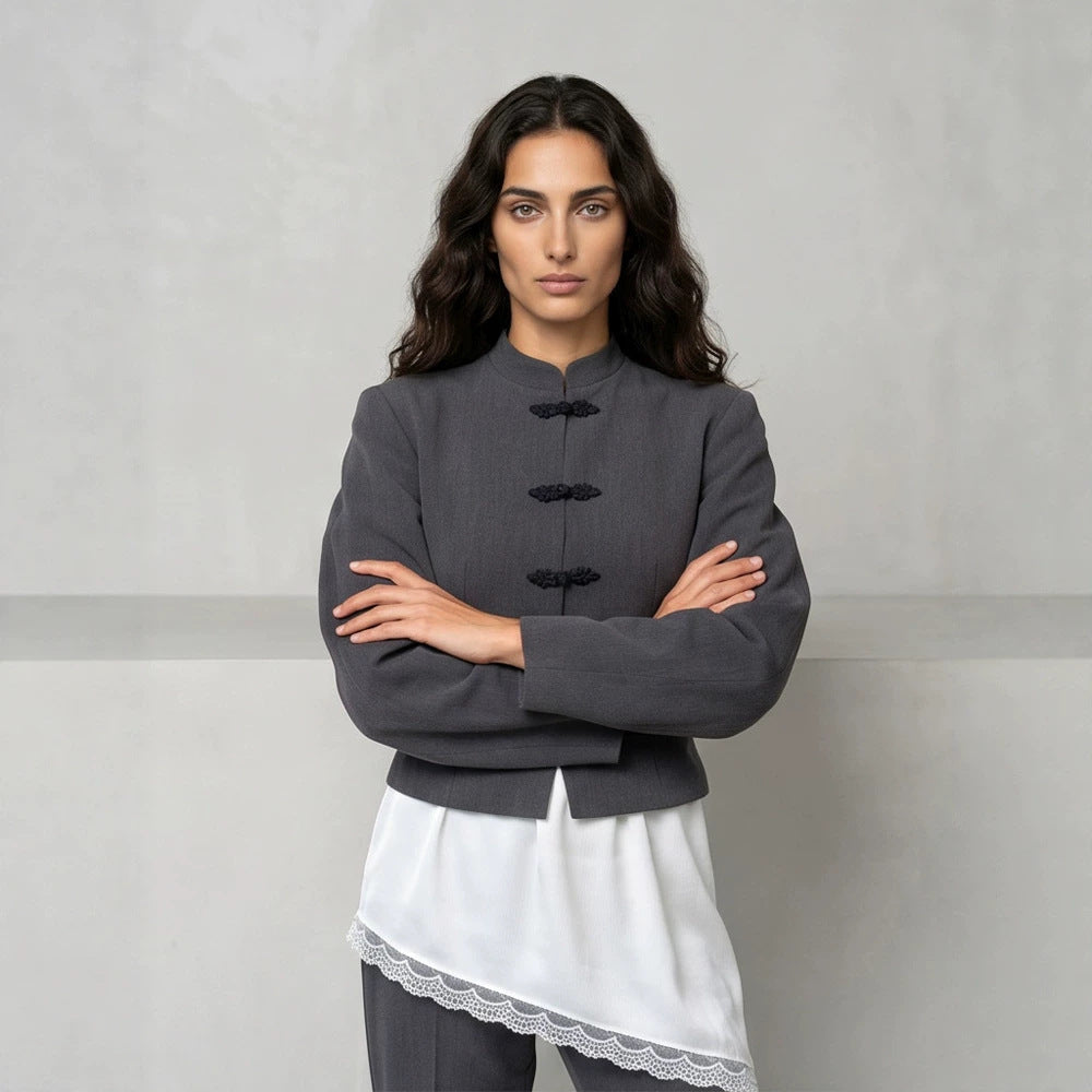 Women's Tailored Cropped Blazer with Mandarin Collar and Decorative Knot Closure Amarae