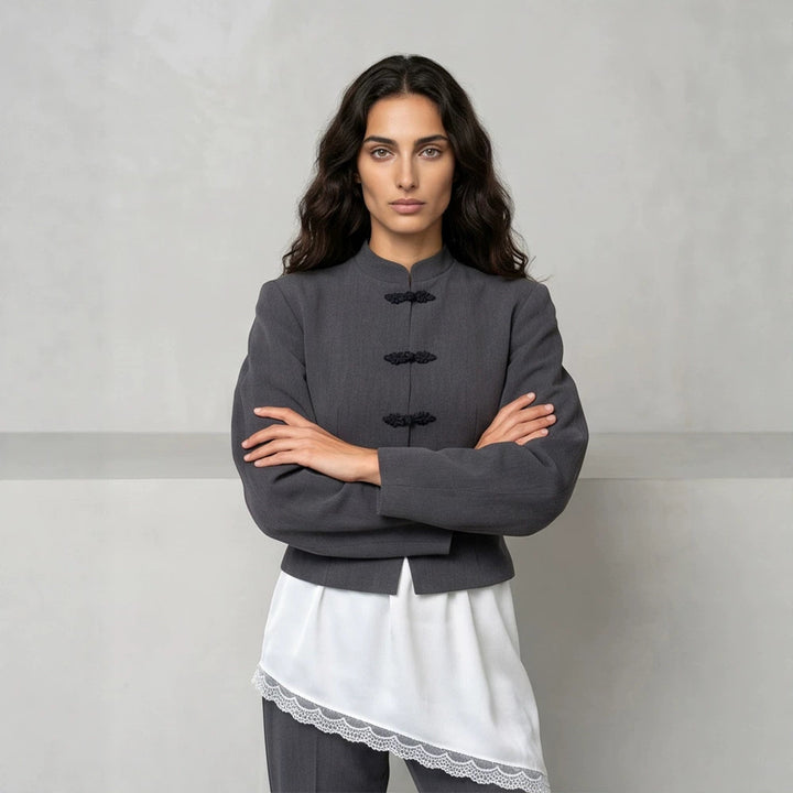 Women's Tailored Cropped Blazer with Mandarin Collar and Decorative Knot Closure Amarae
