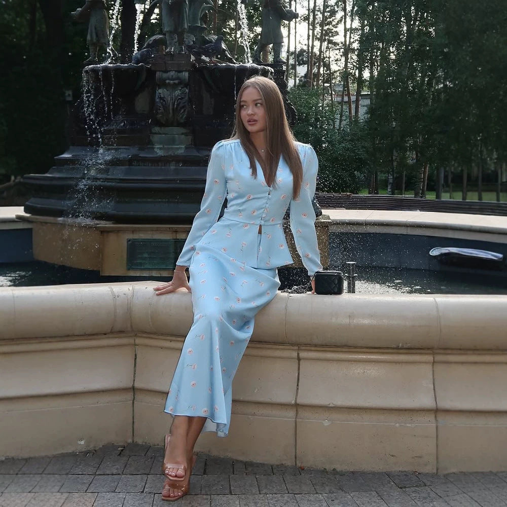 Women's Two-Piece Tailored Blouse and Maxi Skirt Set with V-Neck and Button Details Amarae