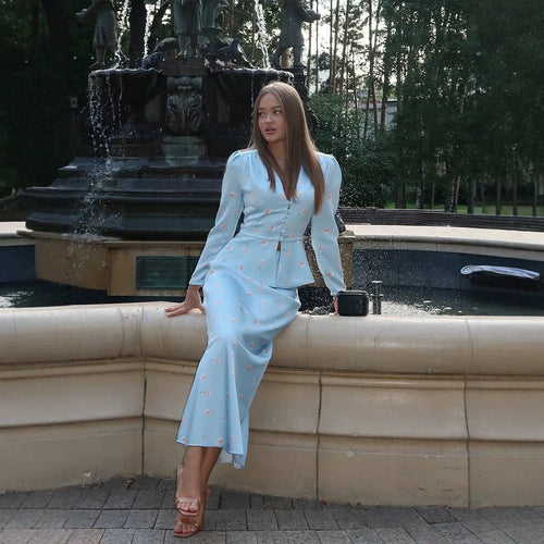 Women's Two-Piece Tailored Blouse and Maxi Skirt Set with V-Neck and Button Details Amarae
