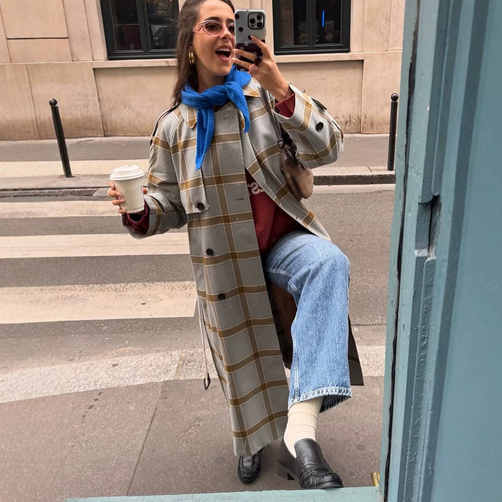 Women's long checkered coat in trench coat style with double button placket Amarae